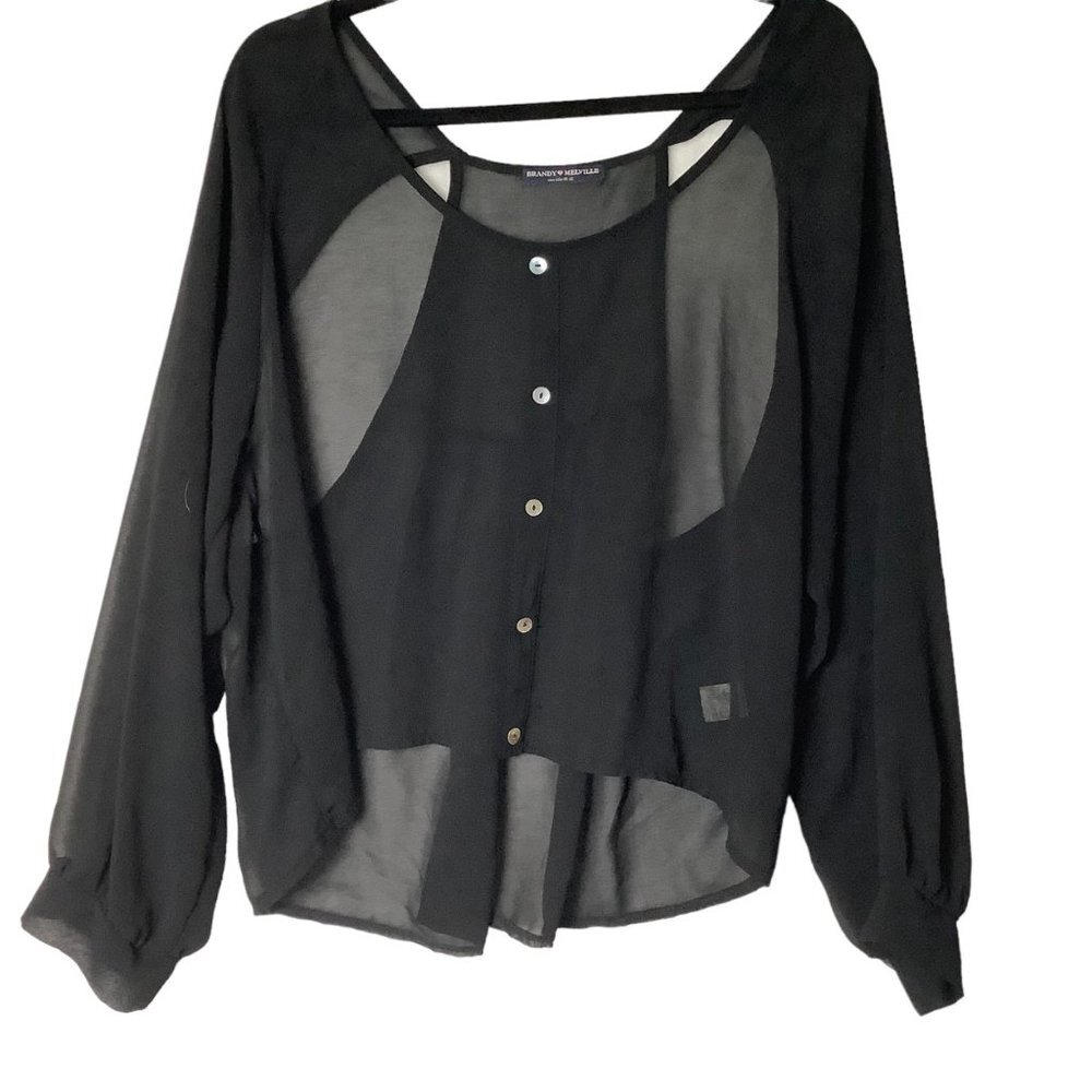 Brandy Melville Black Sheer Long Sleeve Blouse Made in Italy Cotton Blend Button